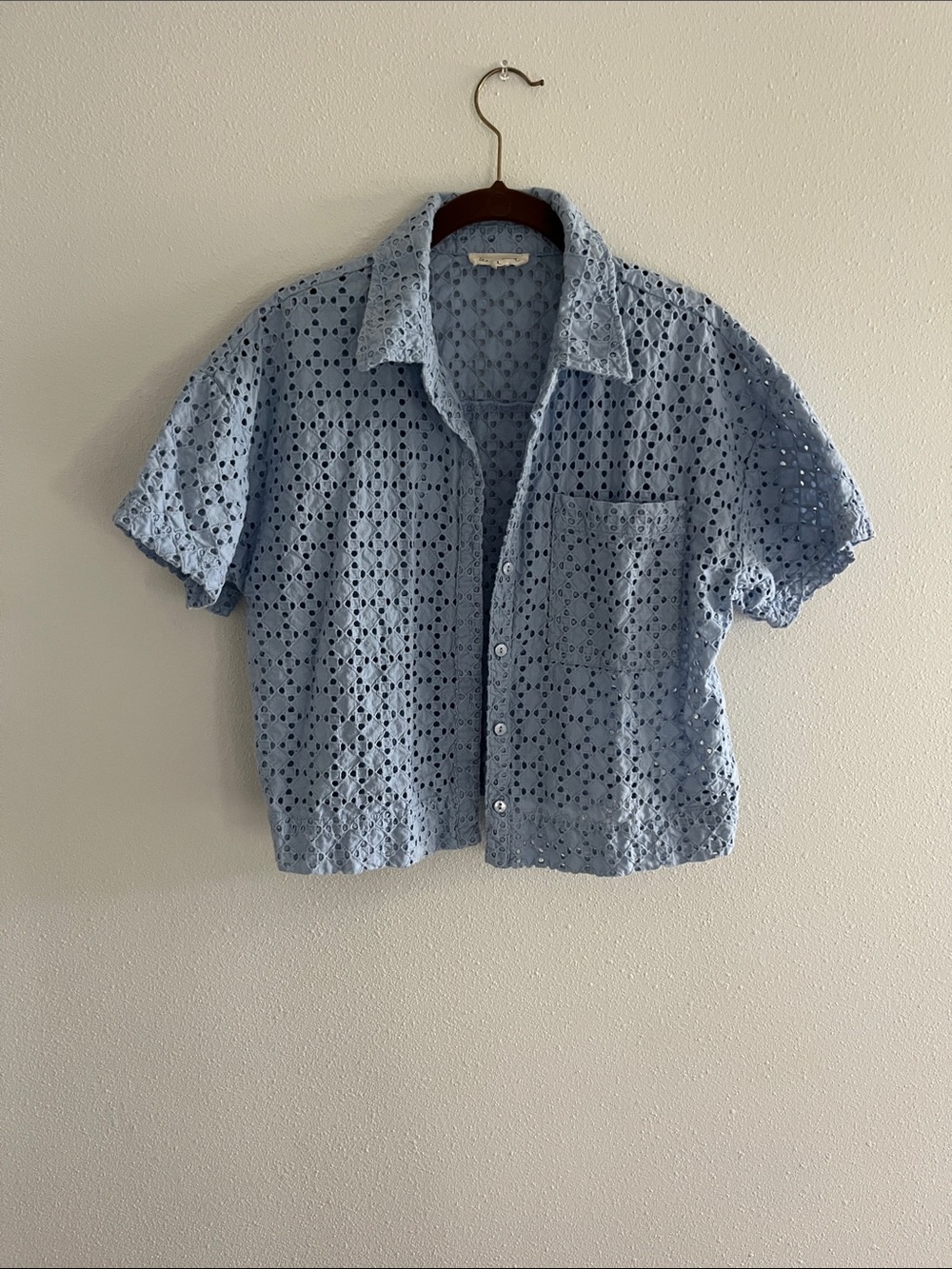 100% cotton Marled Light Blue Eyelet Short-Sleeve Button-Down Shirt